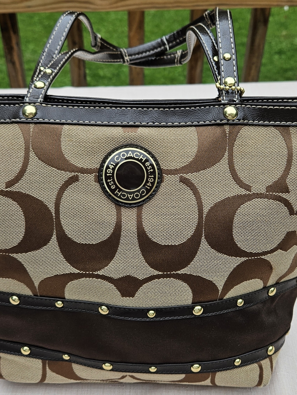 Coach Brown Canvas and Dark Brown Leather Logo Tote